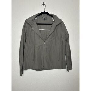 Eileen Fisher Gray Brown Cotton Nylon Zip Windbreaker With Hood Side Medium